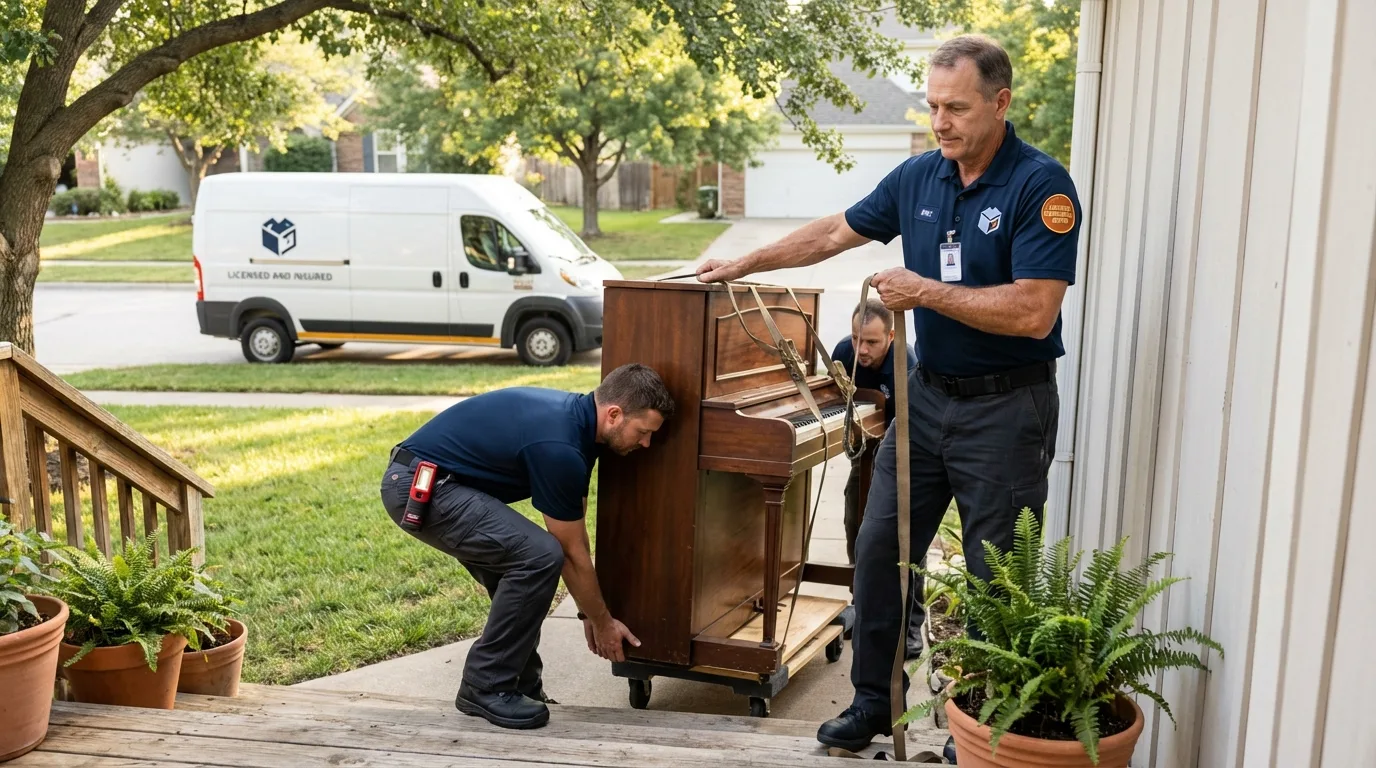 Licensed piano movers securing grand piano in Vernon, AL