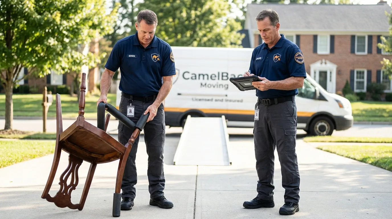Movers inspecting furniture for damage prevention before loading in Vernon, AL