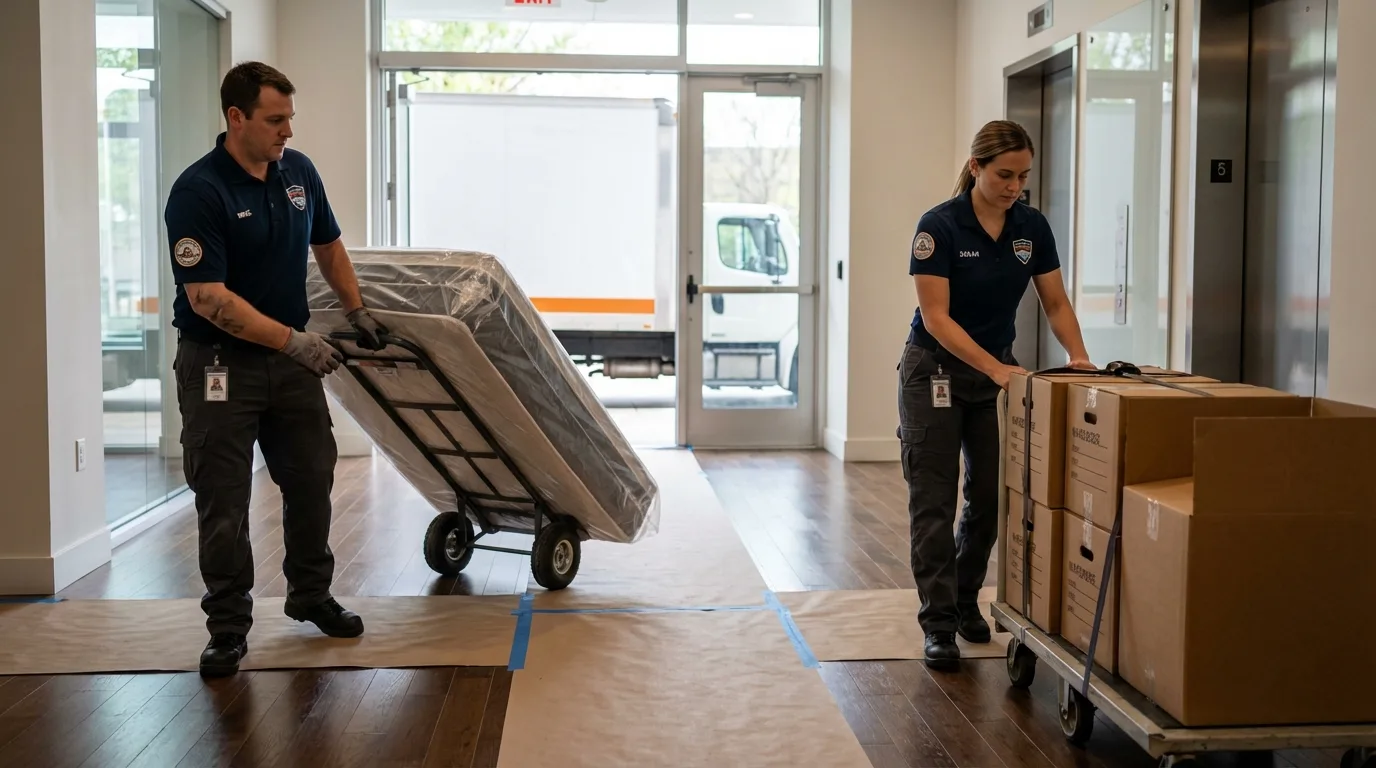 Professional apartment movers loading elevator in Vernon, AL